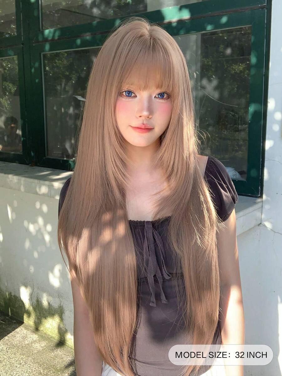 alicegarden 32-Inch Long Synthetic Wig Featuring A Natural Straight Style A Stunning Khaki. Designed With Bangs , This False Hairpiece Is Perfect For Ms Daily Party Cosplay Use, Offering A Natural And Natural Durable Wig Gift For Ladies. - Khaki - View 1