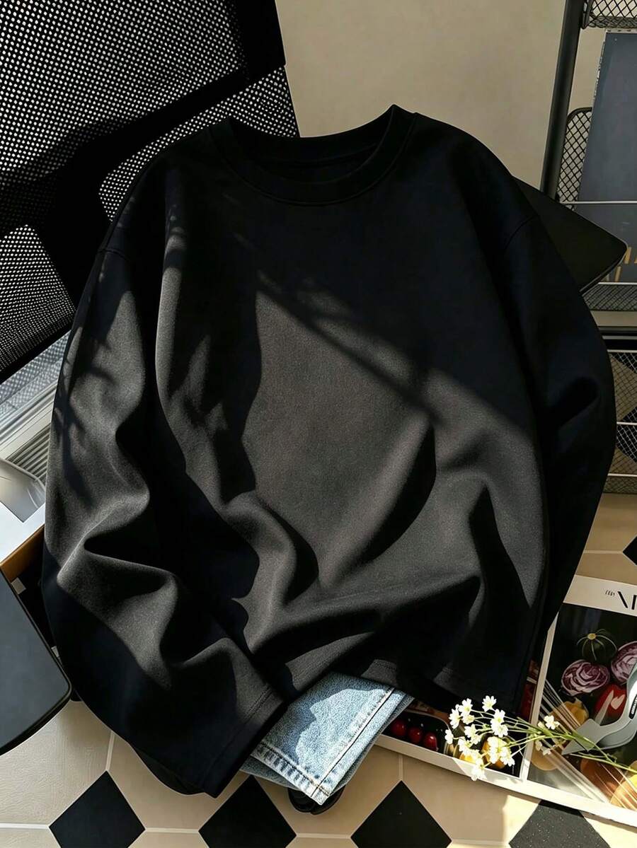 Black Plus Size Women's Solid Color Basic Long Sleeve T-Shirt, Simple Crew Neck Loose Fit Versatile Inner Layer Top - Black - View 1
