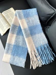 1pc Plaid Warm Decorative Tassel Scarf Suitable For Daily Use - Blue Rice Grid - View 6
