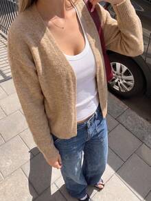 Camel Minimalist Lightweight Soft Plush Knit Cardigan, Long Sleeve Drop Shoulder Casual Sweater, Suitable For Autumn - Camel - View 7