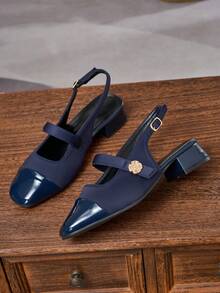 Women's All-Season Commuter High Heel Pumps, Square Toe Navy Blue Chunky Heel Mary Jane Shoes, Comfortable Versatile Slingback Sandals, Adjustable Hook And Loop Strap, Suitable For Shopping, Dating, Party, Gathering, Valentine's Day - Royal Blue - View 3