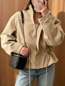 Women's Short Drawstring Trench Coat, Long Sleeve Stand Collar Woven Fabric Casual Jacket, Perfect For Fall Outfits - Khaki - View 4