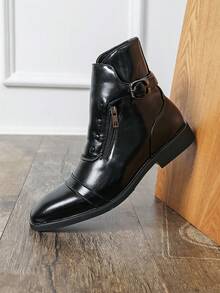 Men's Rivet Buckle Decor High-Top Ankle Boots With Side Zipper, Square Toe, Low Heel, Business Casual Shoes For Office, Banquet, Date, Commute And Daily Wear - Black - View 10