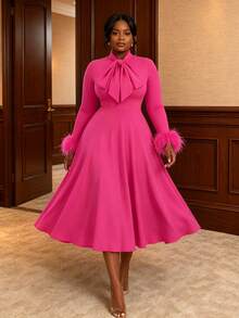 Elegant Women's Mid-Length Dress With Feather Trim Sleeves And Bow Collar Details - Hot Pink - View 1