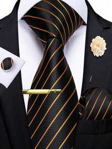 5Pcs Men Black Gold Striped Tie Pocket Square Cufflinks Boutonniere Tie Clip Set, Random Cufflink Pattern, Suit Accessories For Wedding - Black - View 1