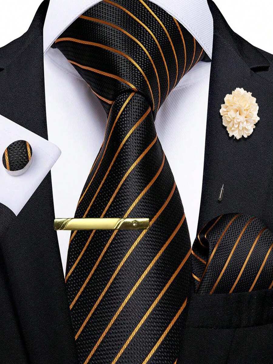 5Pcs Men Black Gold Striped Tie Pocket Square Cufflinks Boutonniere Tie Clip Set, Random Cufflink Pattern, Suit Accessories For Wedding - Black - View 1