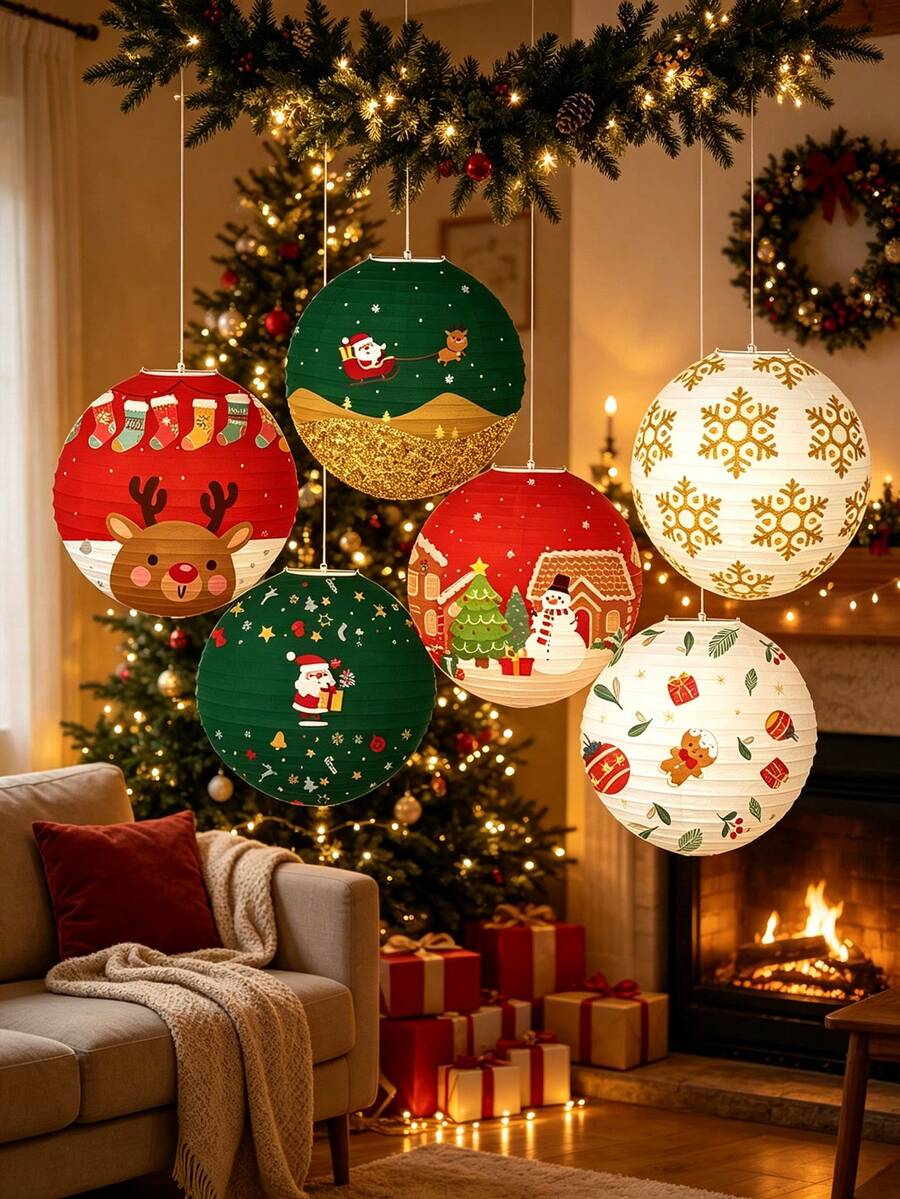 3pcs/Set Christmas Party Paper Lantern Decoration Set (Assorted Designs) – Featuring Snowflake And Santa Claus Patterns; Suitable For Indoor And Outdoor Hanging; Ideal For Living Rooms, Bedrooms, And Festive Party Decor. - Multicolor - View 1