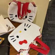 SANRIO Hello Kitty Embroidered Canvas Tote Bag, Daily Commute Shoulder Handbag - White - View 4