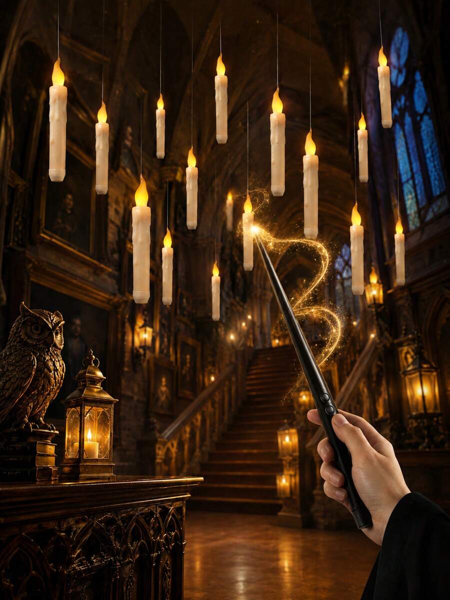 20pcs/12pcs/6pcs Hanging Floating Candles With Magic Wand Remote Control And Hanging Rope, Flying Flameless LED Taper Candles, Warm White Light, Battery Operated Window Candles, Suitable For Halloween Christmas Party Decoration