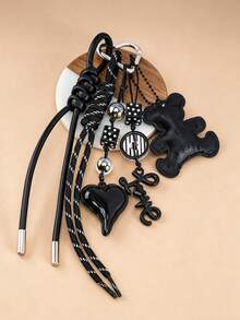 Black Bear Heart-Shaped Bag Charm Keychain, Bag Decoration, Y2K Cool Aesthetic Dice Pendant Woven Rope Key Ring, Women's Handbag Accessory, Holiday Gift - Multicolor - View 3