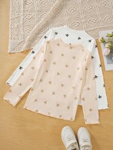 2pcs/Pack Atasan Rajut Lengan Panjang Kerah Renda Pita Kasual Modis untuk Anak Perempuan Remaja, Musim Semi/Gugur - MultiWarna - View 3