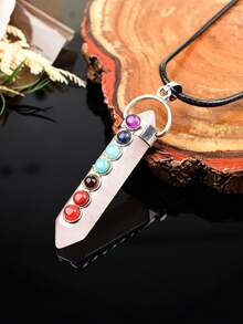 Natural Crystal Double-Pointed Pillar 7 Chakra Colorful Stone Pendant Necklace, Vintage Raw Stone Spiritual Jewelry Accessory - 7 Chakra Double Point Pendant - View 20