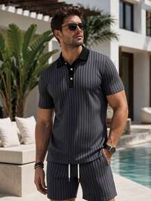 Men's Vacation Style Striped Jacquard Short Sleeve Polo And Casual Shorts Set - Multicolor - View 1