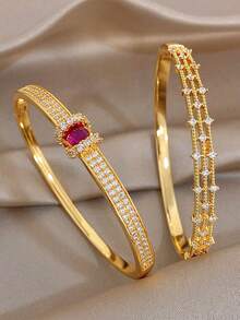 1Pc/Set 18K Gold Plated Elegant Copper Exquisite Paved Zirconia Rose Ruby Bangle Bracelet,Party,Daily,Christmas,Birthday Gift/Gala/Wedding/Halloween - Multicolor - View 1