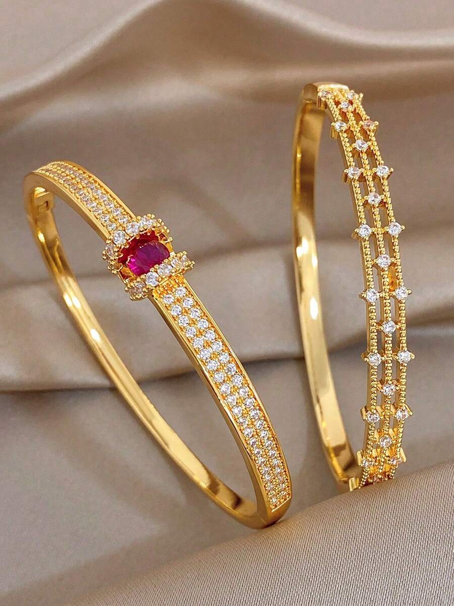1Pc/Set 18K Gold Plated Elegant Copper Exquisite Paved Zirconia Rose Ruby Bangle Bracelet,Party,Daily,Christmas,Birthday Gift/Gala/Wedding/Halloween - Multicolor - View 1