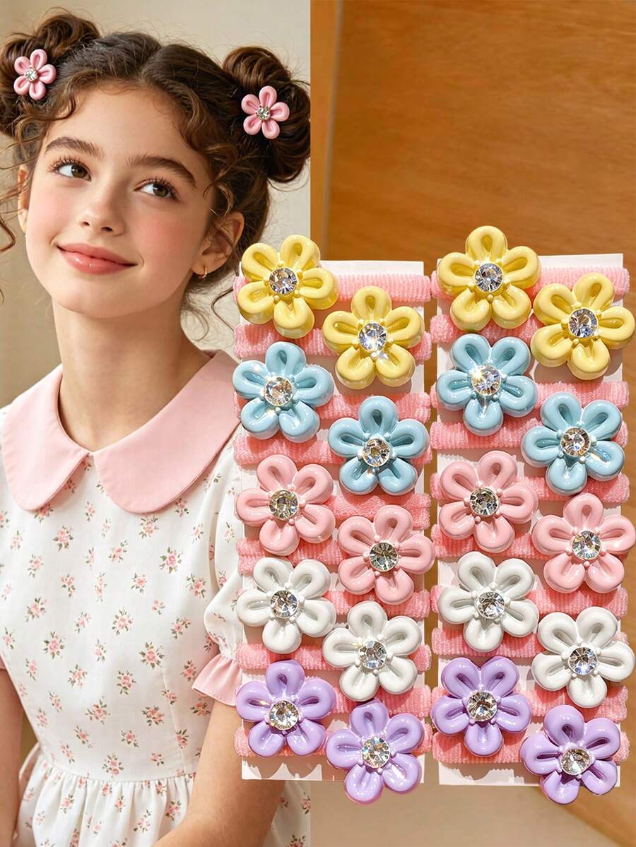 20 buah Ikat Rambut Bunga Macaron Rhinestone, Aksesori Rambut Gaya Manis, Cocok untuk Gaya Rambut Ekor Kuda, Setengah Terikat, dan Sanggul