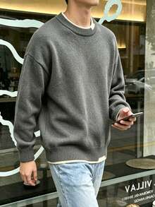 男士秋冬長袖純色 2 合 1 毛衣，休閒商務百搭通勤款 - 灰色 - 查看 3