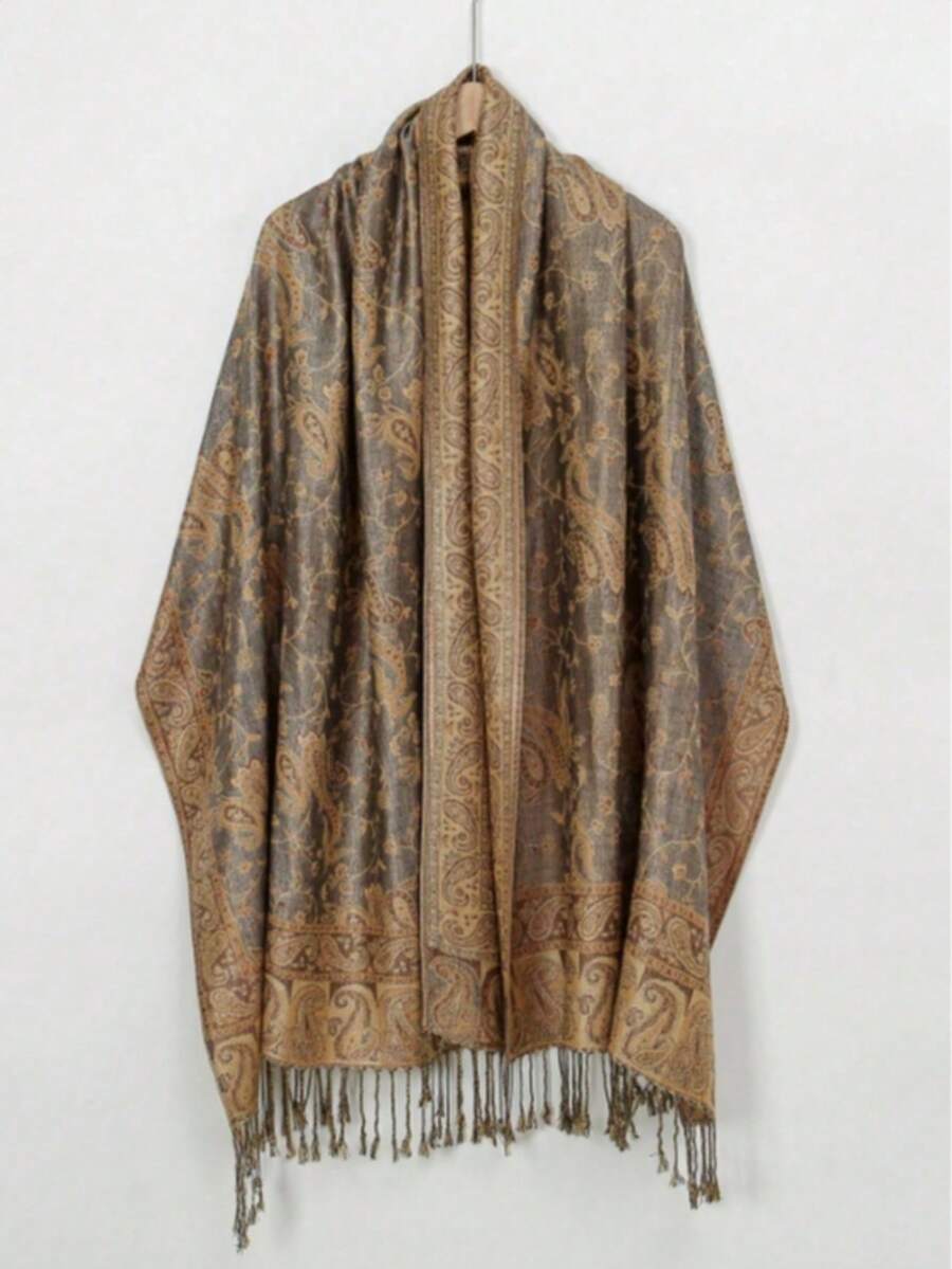 3pcs Women's Paisley Flower Pattern Fashion Warm Printed Scarves, Classic Pelisse Headscarf And Robe Matching Shawl Headscarf - Camel - View 1