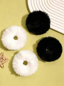 4pcs/Set 2 Black 2 White Plush Scrunchies Faux Fur Hair Ties Hair Accessories - 2 Black + 2 White - View 3
