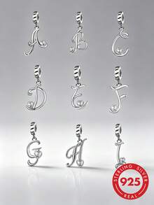 1pc 925 Sterling Silver Popular Letter Pendant, Inlaid Heart-Shaped Cubic Zirconia Letter A-I Pendant, Suitable For Bracelet, Personalized Name Jewelry Gift - Silver - View 1