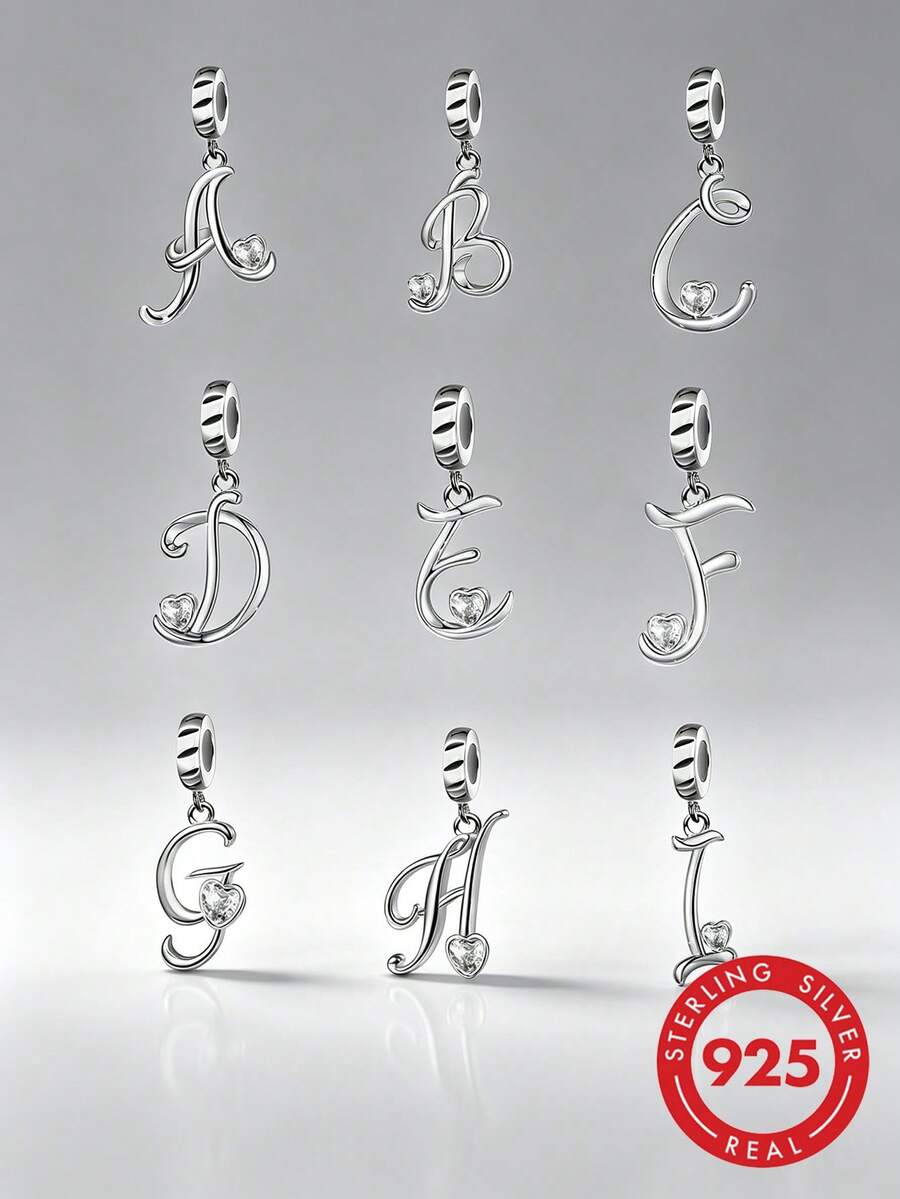 1pc 925 Sterling Silver Popular Letter Pendant, Inlaid Heart-Shaped Cubic Zirconia Letter A-I Pendant, Suitable For Bracelet, Personalized Name Jewelry Gift - Silver - View 1