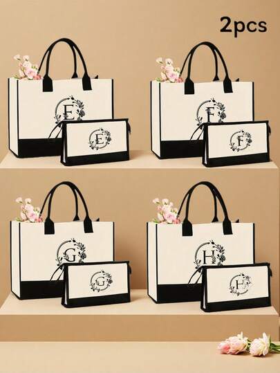 2pcs Letter Print Canvas Tote Bags, Casual Style, Open Design, Fixed Shoulder Strap, Wipeable Clean, Suitable For Travel, Shopping, Also An Ideal Gift For Family And Friends