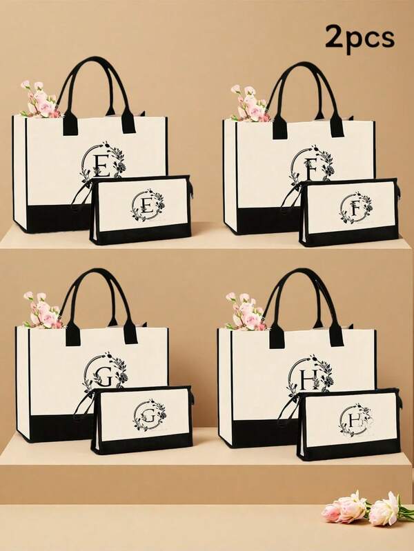 2 túi tote vải canvas in chữ, phong cách thường ngày, thiết kế miệng mở, quai đeo cố định, dễ lau sạch, phù hợp đi du lịch, mua sắm, quà tặng lý tưởng cho gia đình và bạn bè