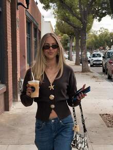 Sookaug Vintage Deep V-Neck Knitted Cardigan With Gold Starfish Buttons, Slim Fit Flattering Dark Brown Short Sweater Jacket, 2026 New Arrival - Brown - View 3