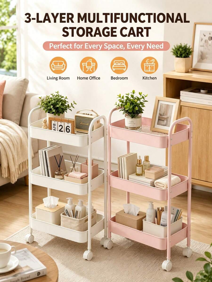 2/3/4/5layer Swivel Wheel Mobile Storage Carbon Steel/Plastic Trolley,Multi-Functional Storage,Easy To Assemble,Suitable For Home And Commercial Use,Applicable To Storage And Organization In Kitchens, Bathrooms,Bedrooms,Offices,Warehouses And Garages - White - View 1