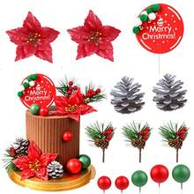 13 Buah Hiasan Kue Natal, Bunga Buatan Merah, Jarum Pinus, Buah Beri Merah & Tusuk Buah Pinus, Dekorasi Kue Tema Merah Natal, Set Hiasan Kue Cupcake untuk Pesta Liburan - MultiWarna - View 4