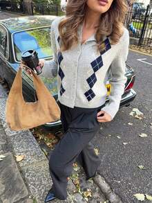 Vintage Preppy Argyle Short Cardigan - Light Gray - View 2