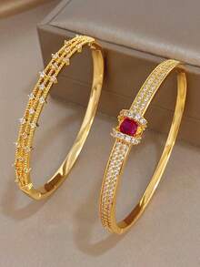 1Pc/Set 18K Gold Plated Elegant Copper Exquisite Paved Zirconia Rose Ruby Bangle Bracelet,Party,Daily,Christmas,Birthday Gift/Gala/Wedding/Halloween - Multicolor - View 10