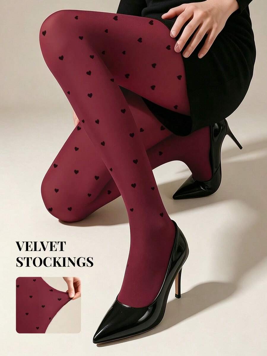 1 Pair Women's Burgundy Heart Print Tights, High Elastic Matte Velvet Leggings, Suitable For Date, Party, Spring And Autumn - Burgundy - View 1