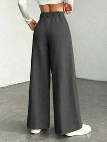 Yaxuan 1pc Solid Color Polyester High Waist Loose Wide Leg Pants With Button, Pocket And Zipper, Casual Commute Long Pants For Spring, Summer And Autumn - High-grade Gray - View 3