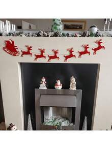 Merry Christmas Santa Sleigh Reindeer Felt Garland, Xmas Fireplace Mantel Banner, Winter Holiday Home Wall Hanging Decor - Moose - View 8