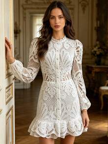 Vuslat Women's Autumn French Style Hollow Crochet White Mini Dress With Small Stand Collar And Half-Open V-Neck, Suitable For Daily Commute, Office, - White - View 7