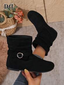 Round Toe Loose Ankle Boots, Metal Buckle Flat Slip-On Fashion Shoes, Suitable For Daily, Dating, Party Occasions - Black - View 1