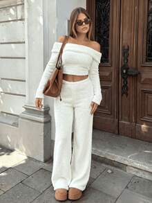 ENGU CO. Y2K Cold Shoulder Fuzzy Fluffy 2 Pieces Set, Long Sleeve Cropped Top + Flare Pants Outfit, Women's Casual Comfortable Matching Set - White - View 4