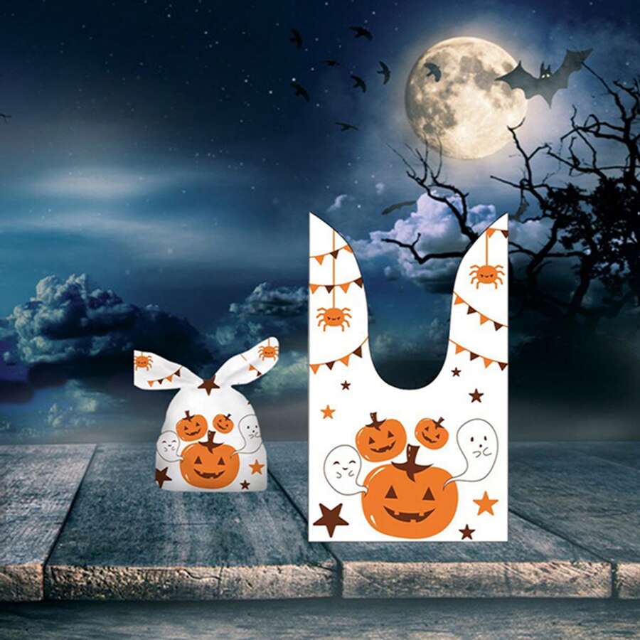 50 Pieces Halloween Rabbit Ear Snack Bag Halloween Rabbit Ear Candy Gift Bags Rabbit Goody Bags Halloween Bags Party Supplies - Three Pumpkin Heads - View 1