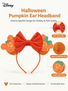 Disney Halloween Minnie Mouse Ear Headband, Pumpkin Pattern Sequin Ears With Plush Plush Bow, Halloween Party Holiday Hair Accessory - A - View 2