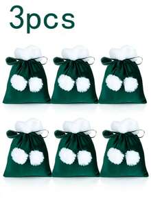 1/3/6pcs Christmas Gift Bags, Christmas Drawstring Bags, Christmas Red & Green Plush Small Gift Bags, White Pom Pom Decor, White Faux Fur Ribbon Drawstring Design, Christmas Gift Bags First Choice - Multiple Styles - View 10