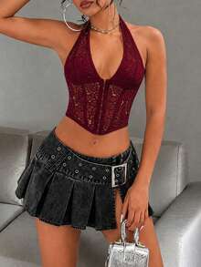 Elegant Sexy Lace Floral Embroidery Bustier Crop Top, Summer Backless Camisole With Steel Rings, Asymmetric Hem, Metal Eyelet Lace-Up, Suitable For Beach Vacation And Dance Festivals - Burgundy - View 2