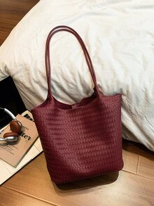 大容量女款時尚百搭休閒極簡通勤單肩托特包 - 酒紅色 - 查看 6
