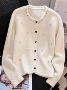 JIANHU White Faux Pearl Decorated Knit Cardigan - Autumn/Winter Cardigan, Adorned With Crystal Buttons And Exquisite Details. Fall - White - View 2