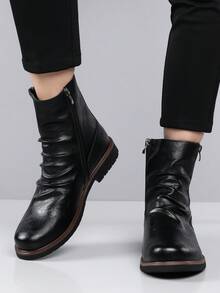 QRLQRL Autumn/Winter Men's Ruched Stacked Ankle Boots, Side Zipper Square Toe Thick Sole Fashion Boots, Urban Commute Streetwear Footwear - Black - View 4