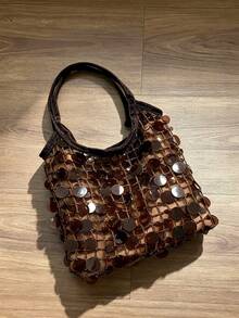 Korean Style Shiny Sequin Niche Design Ins Style Patchwork Handbag, Commute, Outing, Daily Shopping, Shoulder Slouchy Handbag - Coffee Brown - View 5