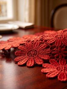 HXARTMIS 1件刺繡鏤空雛菊花卉蕾絲桌旗，復古田園風餐桌裝飾，適用於餐桌、婚禮派對與居家裝飾 - 紅色 - 查看 3