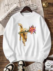 Women's Casual Loose Fit Crew Neck Sweatshirt With Dog & Floral Print, Breathable Cotton Long Sleeve Pullover For Spring & Autumn Daily Wear - White - View 4