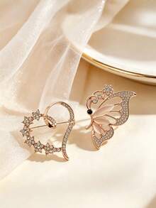 2Pcs Rhinestone Brooch Set, Rose‑Gold Butterfly & Hollow Heart Crystal Lapel Pins, Elegant Clothing Badge Jewelry Gift For Women - Rose Gold - View 4