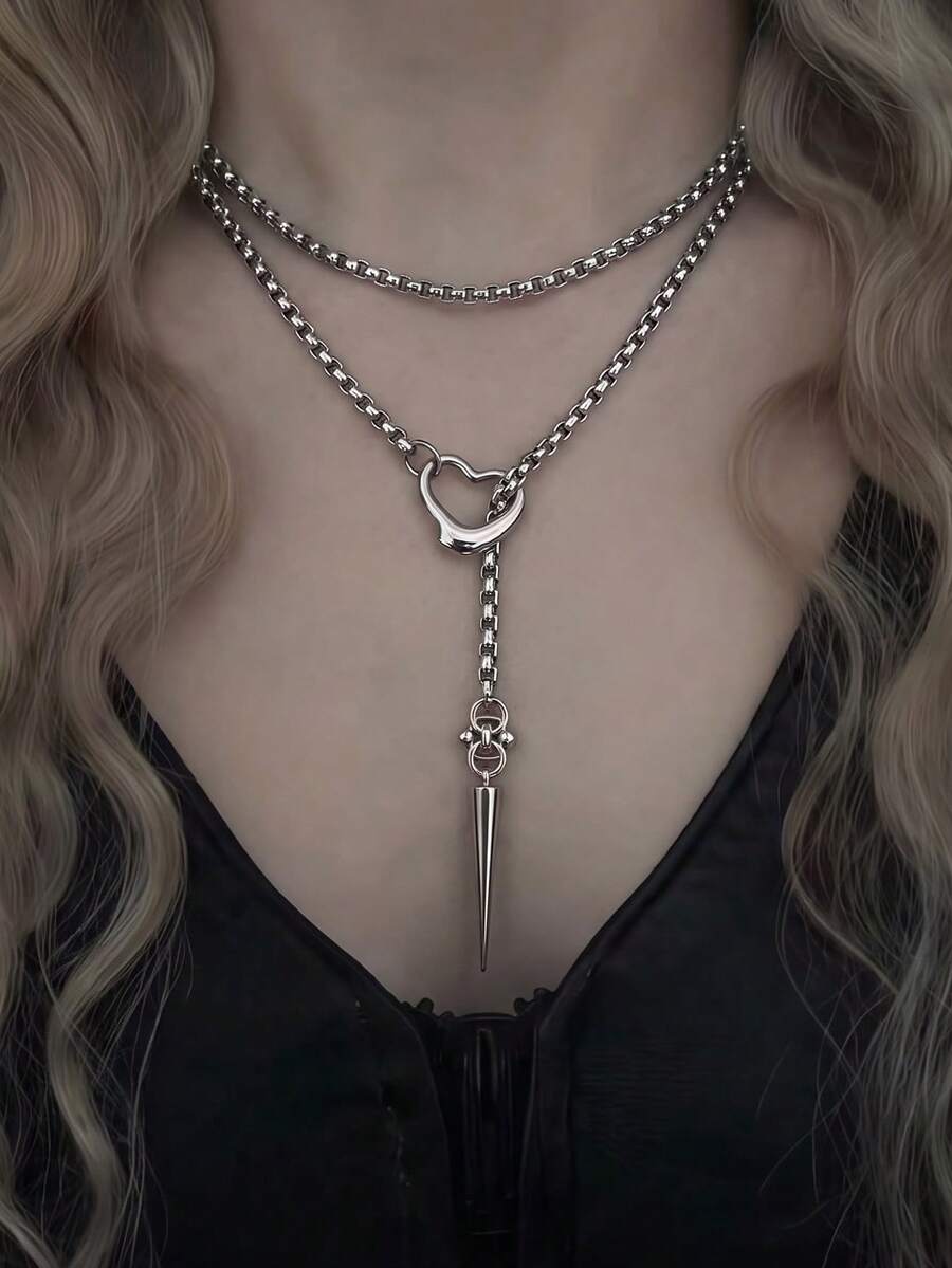 1件女款Y型鏈條項鍊,嘻哈龐克風不鏽鋼銀色愛心吊墜鏈條項鍊,適合日常、派對與街頭穿搭 - Y字鍊項鍊 - 查看 1